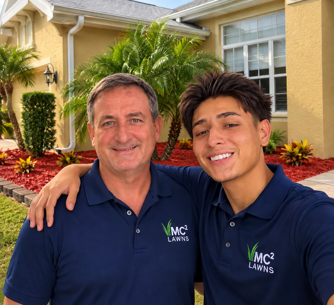Mark and Mark Christian, the father-and-son MC² Lawns team, in front of a finished landscape project